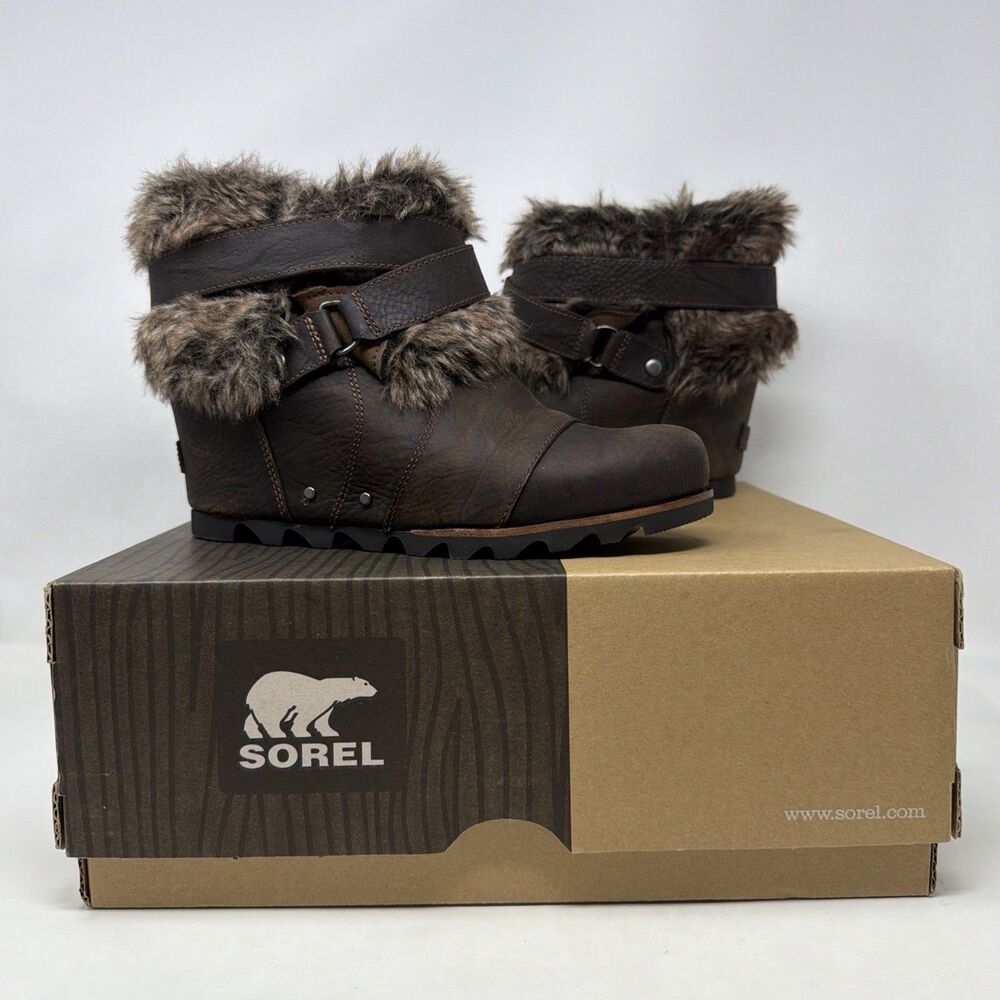 SOREL NL1984 Women 9 Brown Leather Faux Fur Ankle Boots Buckle Strap Winter